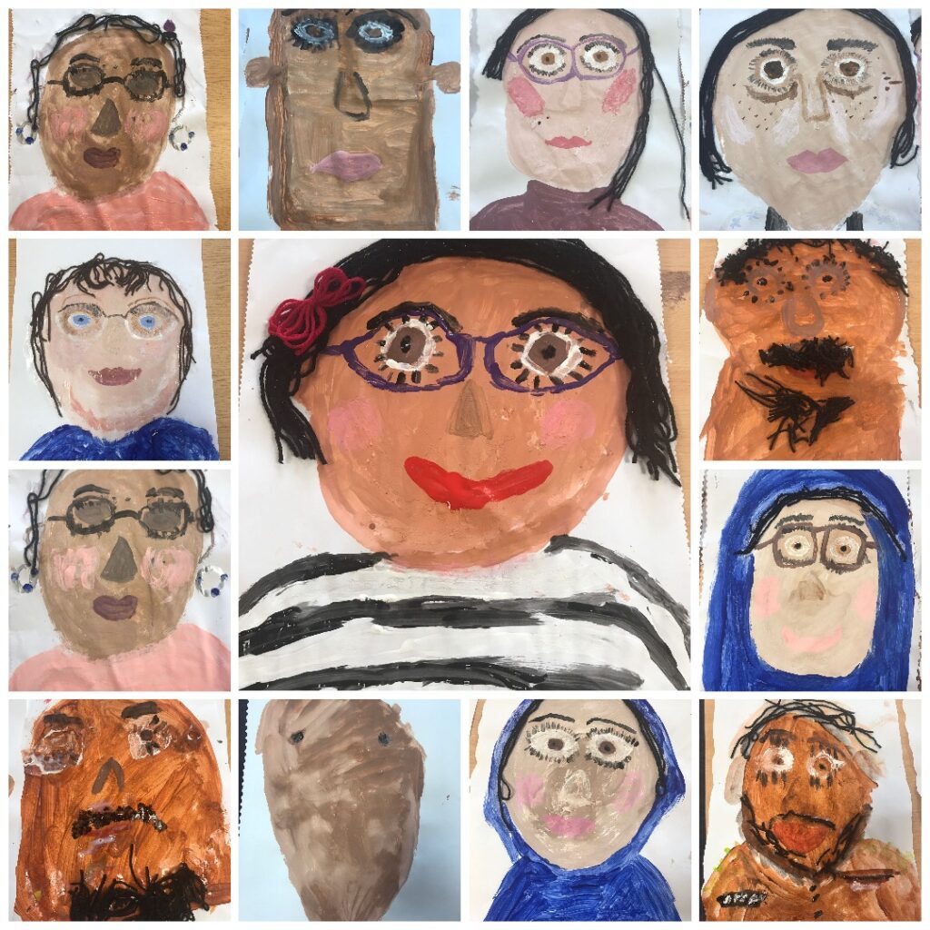 A collage of painted faces