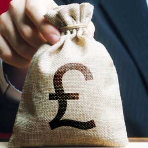 A sack with a British pound symbol on it.