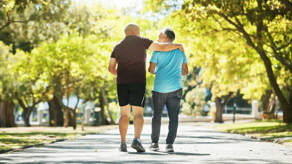 Park, walking and back of senior men for wellness, healthy body and wellbeing in retirement, Friend
