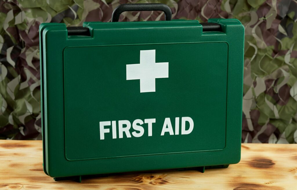 First aid kit concept, medicine equipment set in a suitcase box