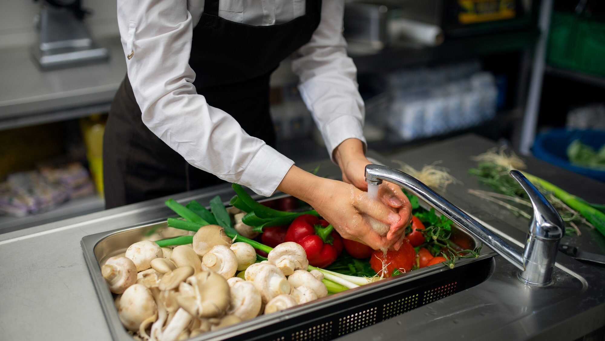 Close-up of cook washing vegetables in sink in commercial kitchen
